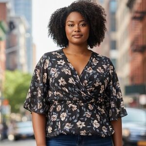 torrid Black Floral Wrap Peplum Top with Beige & Light Blue Flowers